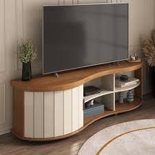 Meuble TV Design « Magnum » Courbé Bois Naturel & Blanc Mat