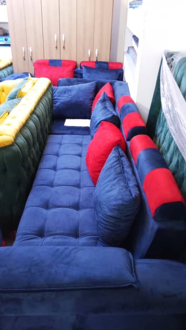 Canapé d'angle modulable Velours Bleu Royal et Rouge Vif